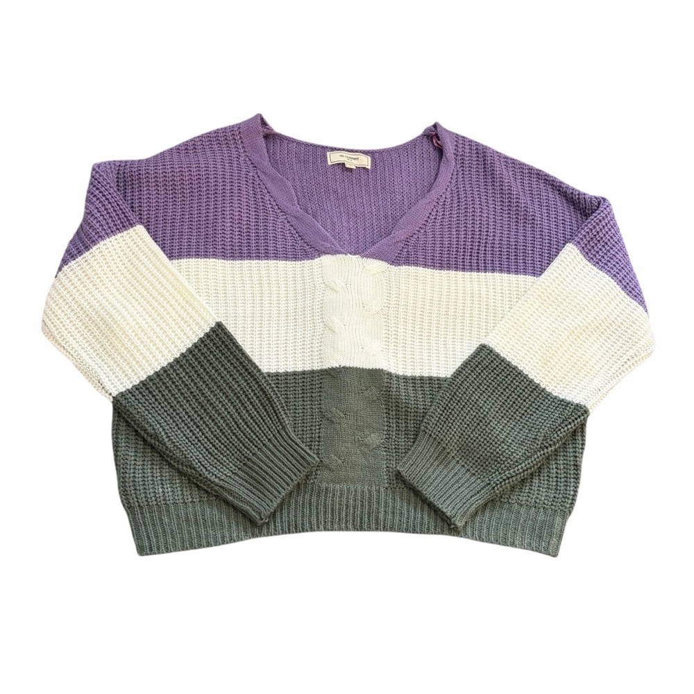 No Comment NY LA Colorblock V Neck Knit Sweater XL Purple White Gray Oversized